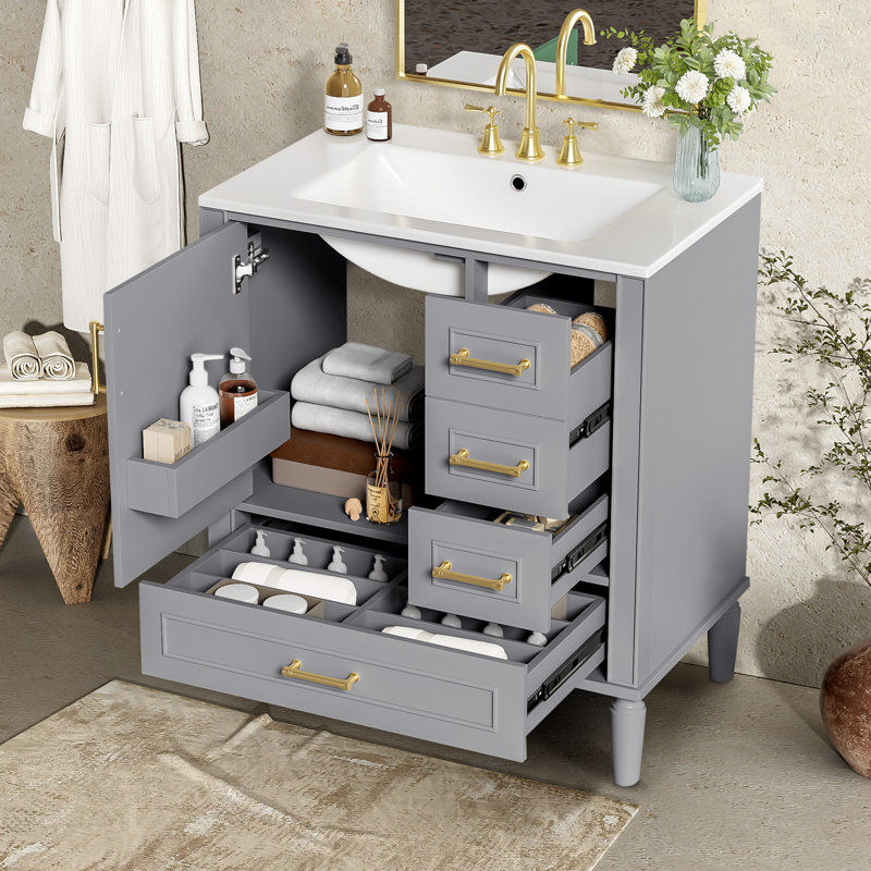 Ensemble de meuble-lavabo traditionnel, sur pied, longues poignées en métal doré, Gris