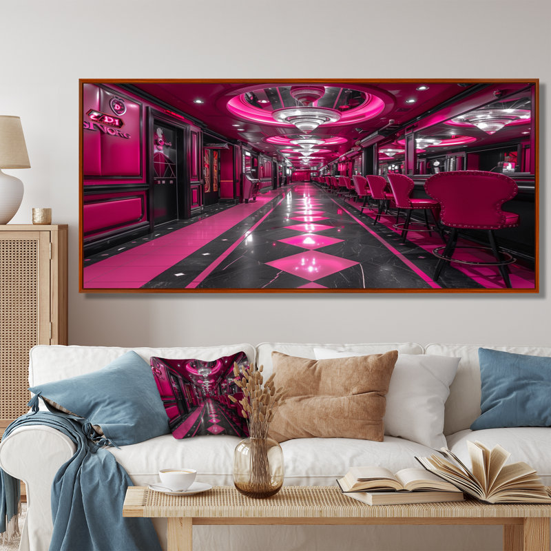 Casinos rose / noir et chanceux - Art mural, Toile avec cadre flottant brun, H 28 po x l 60 po x P 1,5 po
