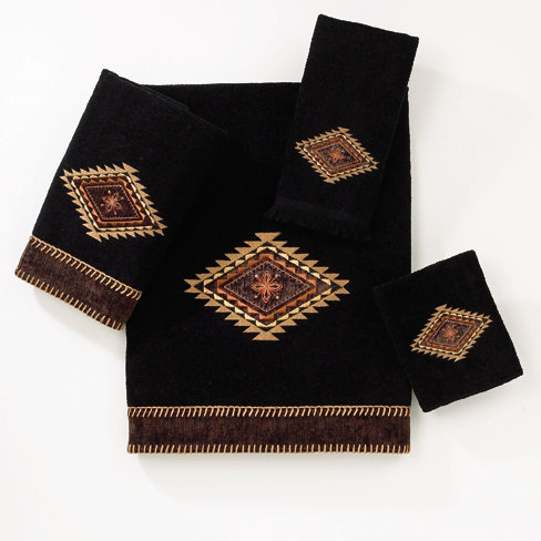 Black Cotton Aztec Embroidered Bath Towel with Fringe