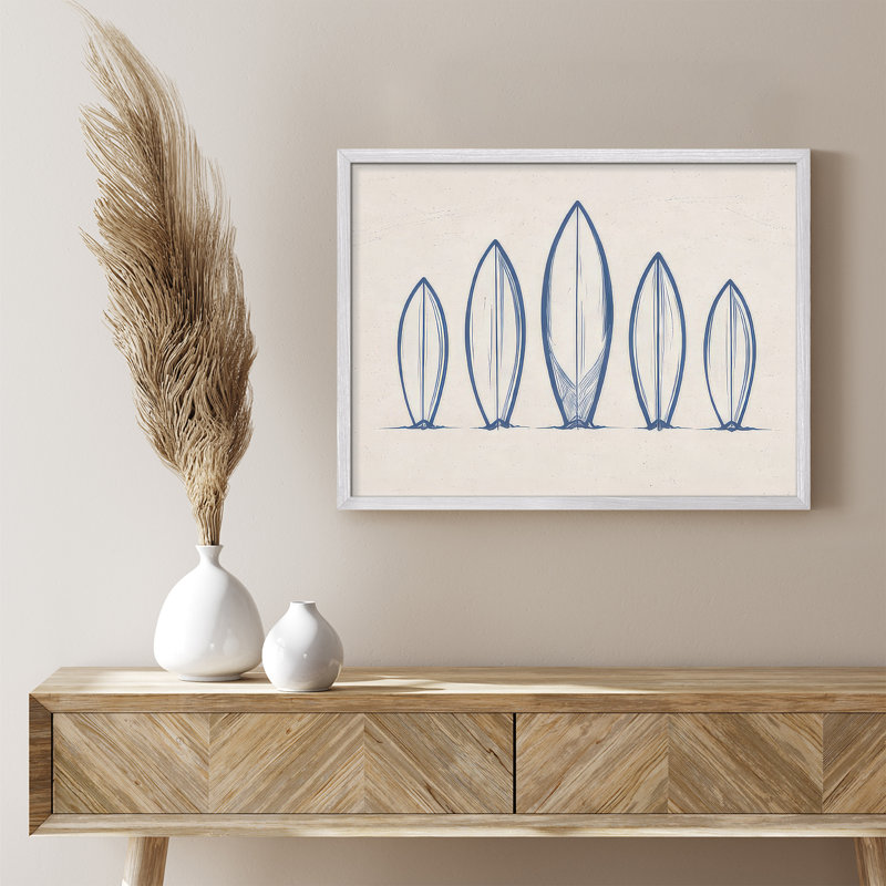 Minimal Surfboard Line Art Framed Wall Art Prints - Modern Coastal Design for Living Room Office, H 11 po x l 14 po, Blanc