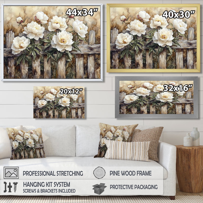 Drees, campagne, pivoines par la vieille clôture I - pivoines, art mural, H 12 po x l 20 po, Impression encadrée flottante