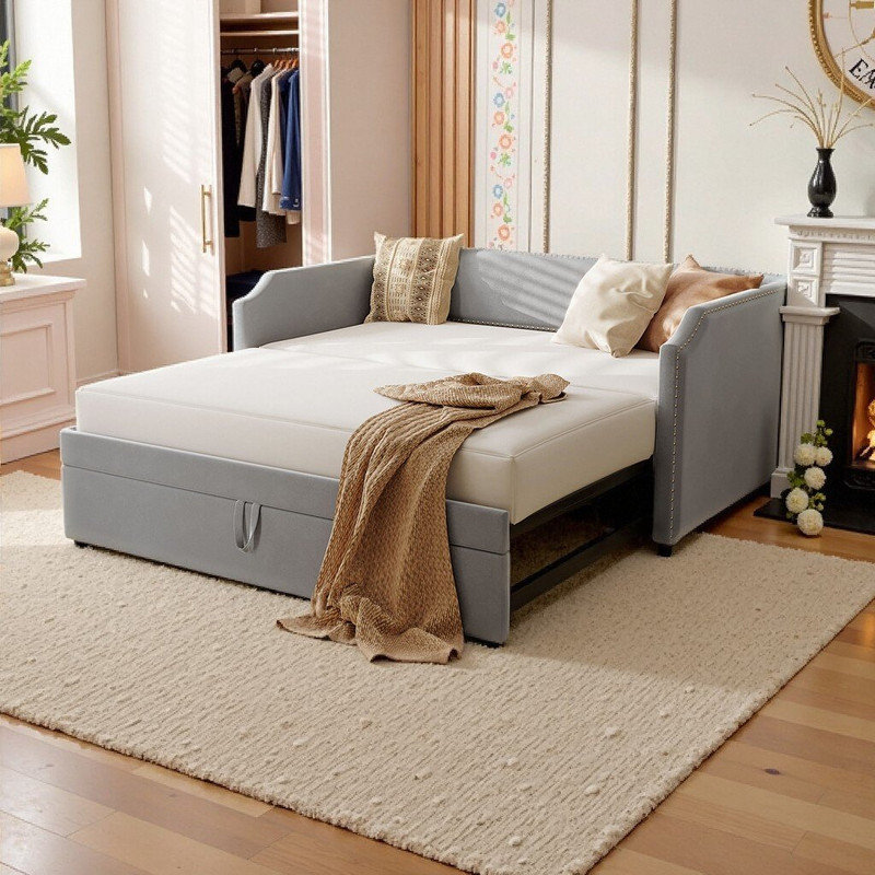 Lit de jour simple rembourré avec couchette escamotable, tissu en velours, meubles de canapé-lit, Gris