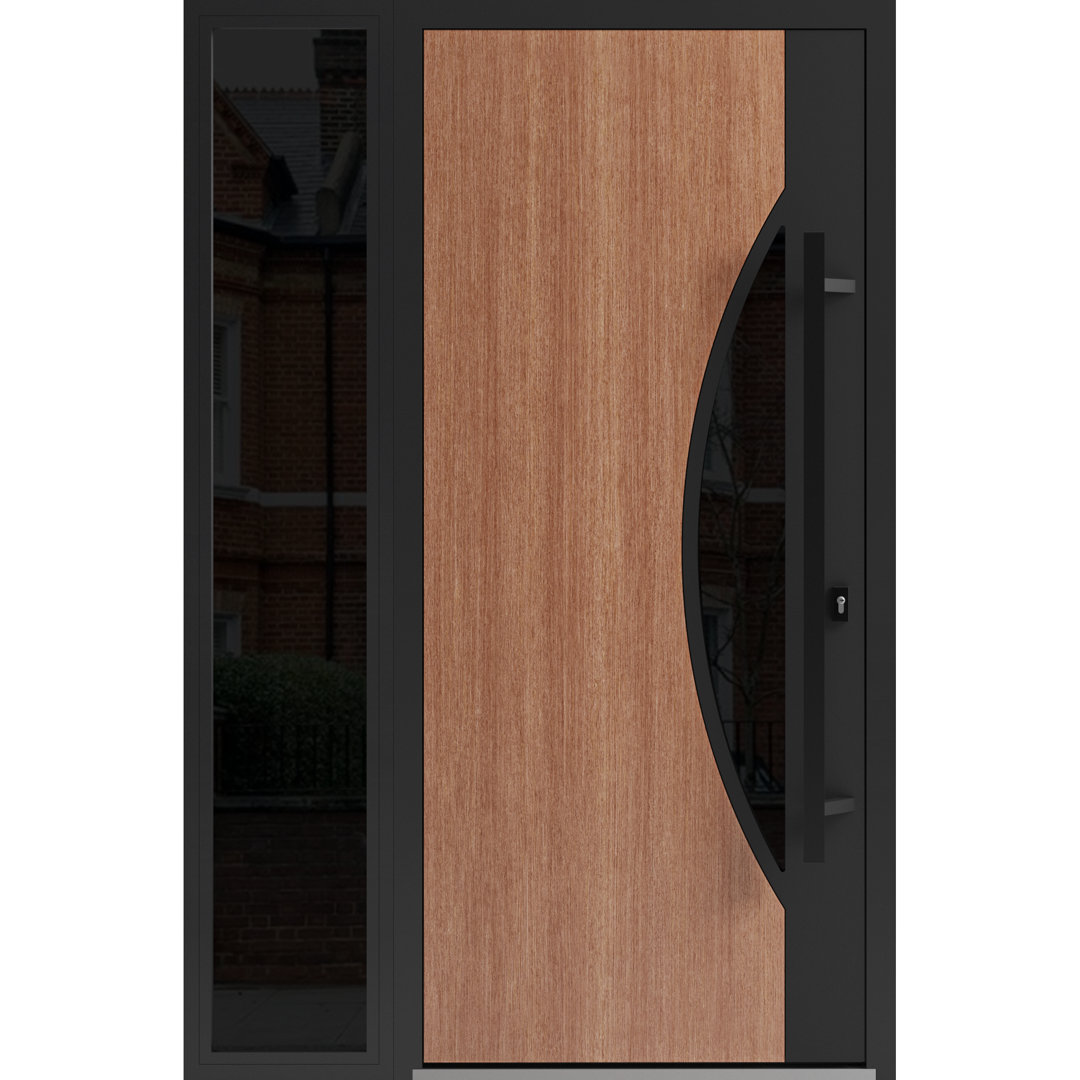 Front Exterior Prehung Steel Door Ronex 1077 Teak Side Exterior Window Sidelite Entry Metal Modern Painted Inswing VDomDoors 