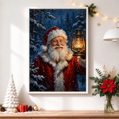 Santa Claus Smiling with a Lantern, Framed Canvas Wall Art, White Frame, 20 x 30 Inch