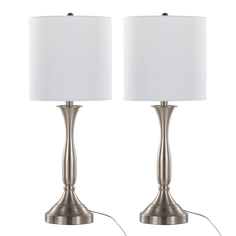Lampe de table contemporaine 25 po en métal nickel brossé avec abat-jour en lin blanc et port USB intégré - ensemble de 2
