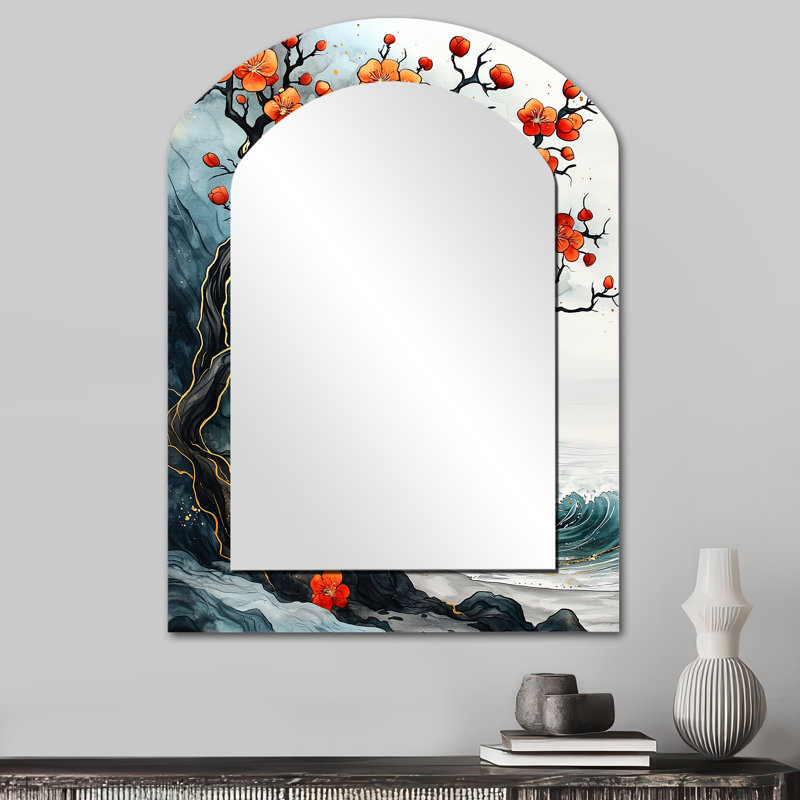 Blue Cherry Blossom Branch In China I - Miroir mural traditionnel, 34 po x 25 po