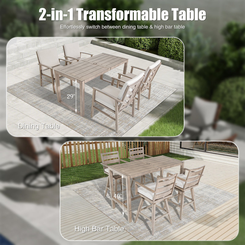 Winston Patio Aluminum 4 Person Bar Set With 2-In-1 Convertible High Bar Table And Swivel Bar Stools