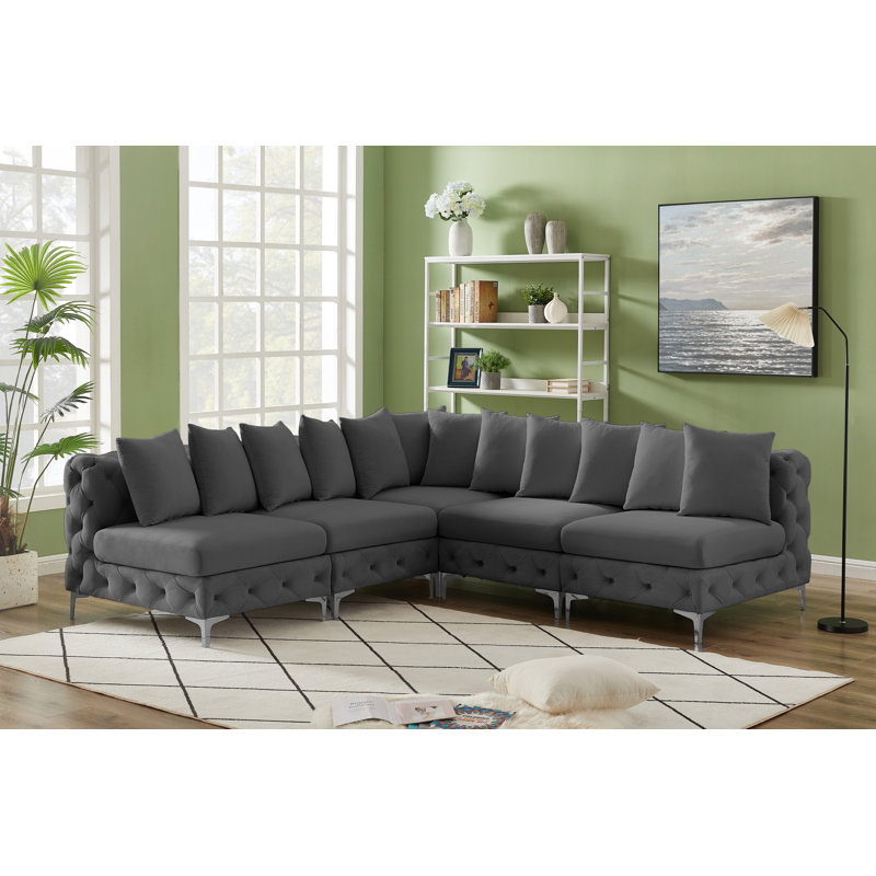 99" Wide Velvet Symmetrical Modular Corner Sectional, Grey Velvet