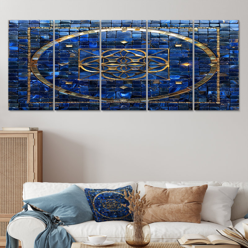 «Balance Flower Of Life Blue Gold - Ensemble de 5 décorations murales géométriques», H 32 po x l 80 po