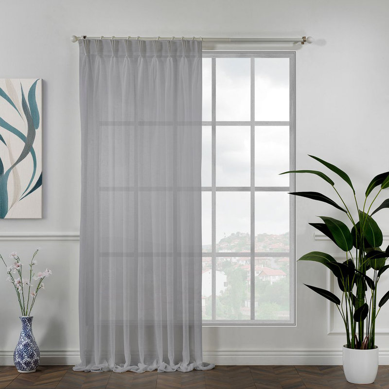 Pinch Pleated Extra Long & Extra Wide Faux Linen Semi Sheer Single Panel, 100" W x 132" L, Gray