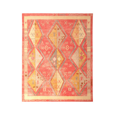 Hand-Knotted Moroccan Rug Red Gold Diamond Pattern