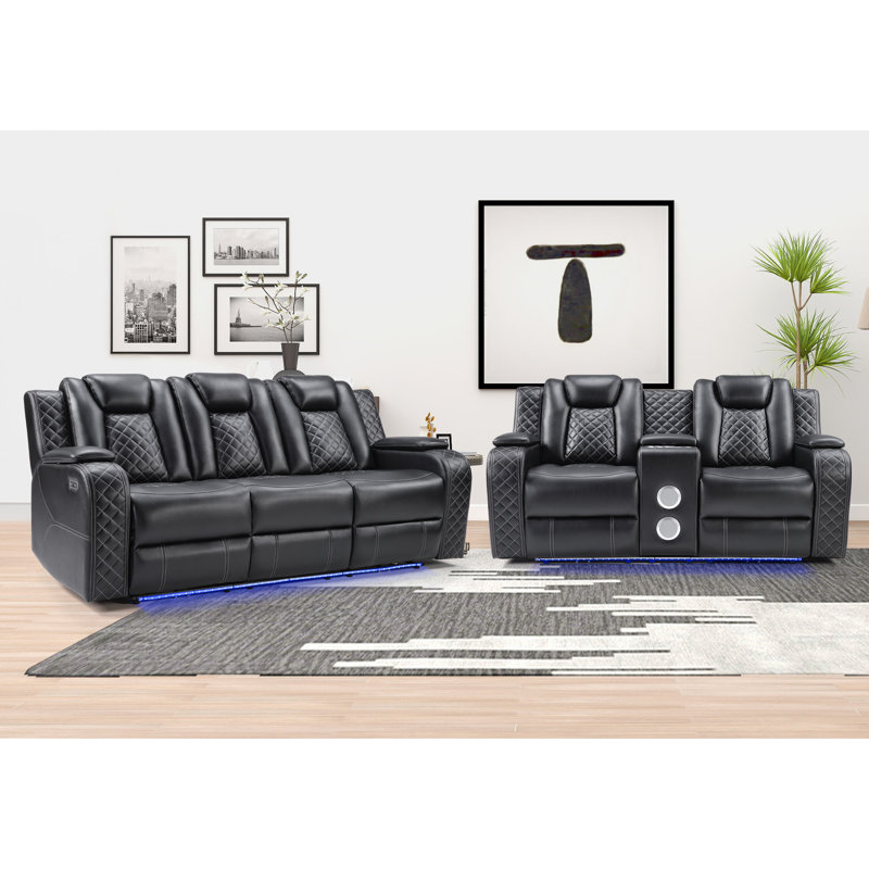 Davarious 2-Piece Faux Leather Power Reclining Living Room Set, Black