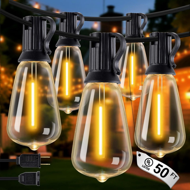 Guirlande de 50 lumières pour l'extérieur avec 27 ampoules à DEL incassables, lumières de patio imperméables et à intensité variable connectables Edison IP65 pour le jardin, le balcon, le porche, la cour et la terrasse