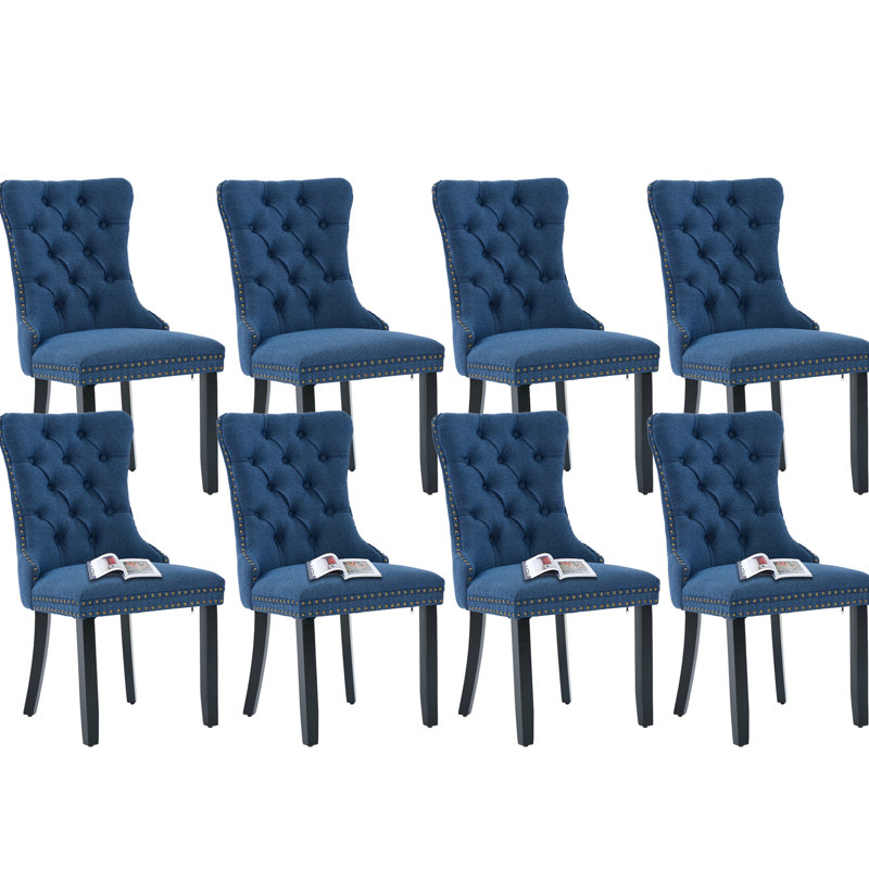 Chaises de salle à manger capitonnées en lin massif (ensemble de 8), Noir, Bleu