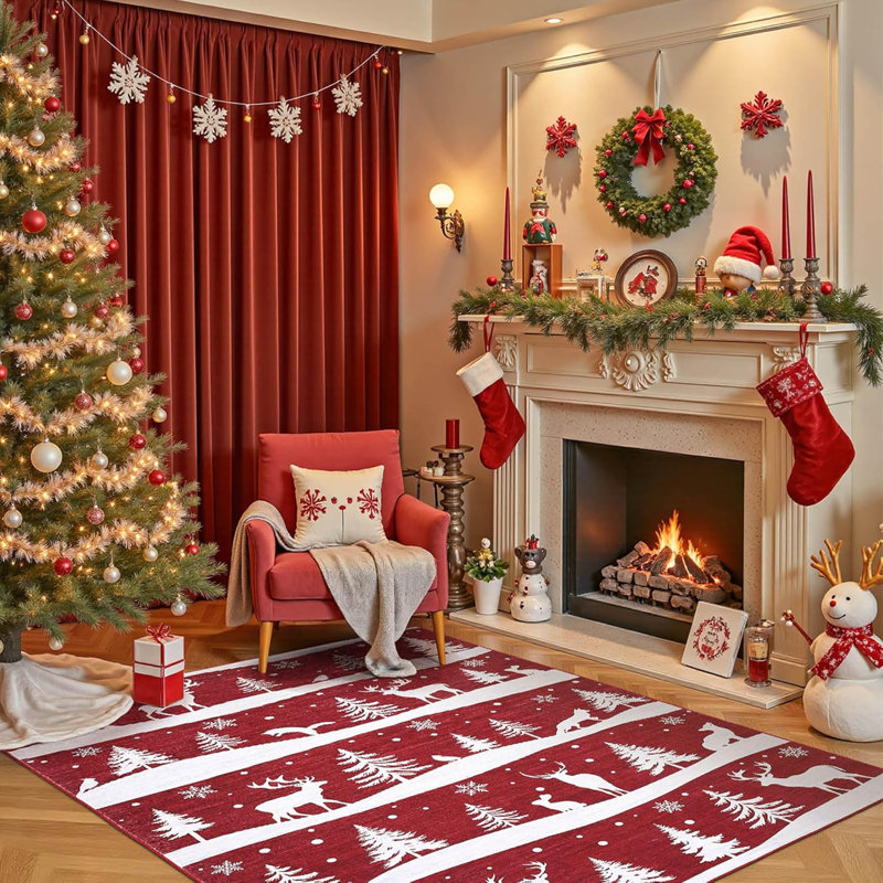 Red Rug, Washable Low Pile Christmas Carpet, Non Slip Soft Indoor Mat for Kitchen, Entryway or Living Room, Rectangle 4' x 6'