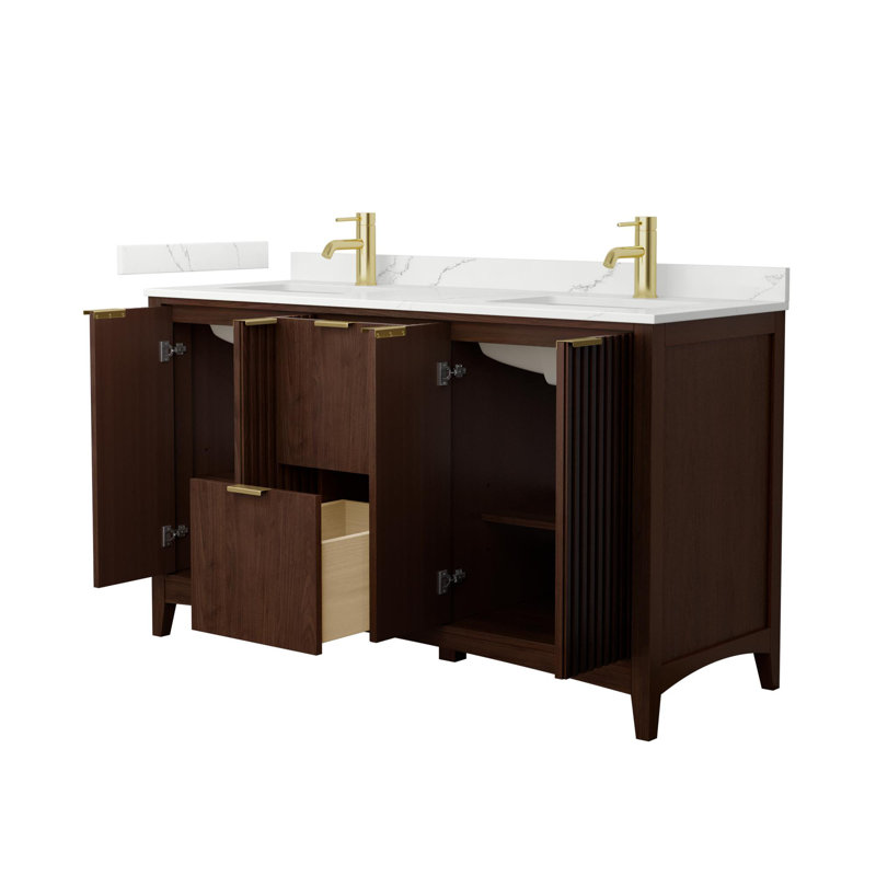Meuble-lavabo double 60 po avec plateau en quartz Palmilla, Or brossé, Brun