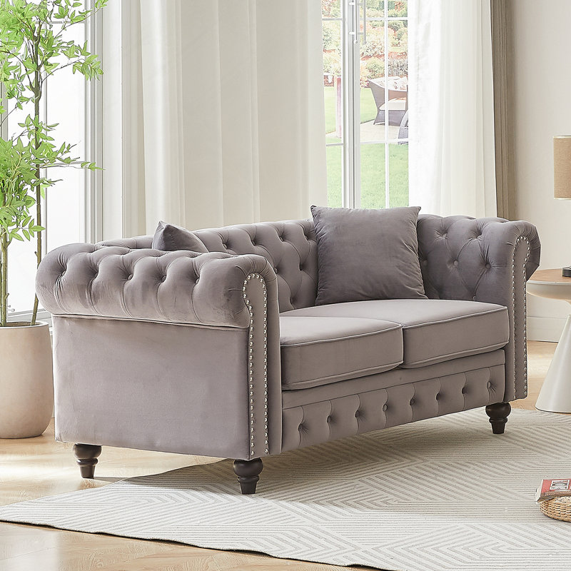 Canapé Chesterfield, H 28,25 po x l 63,5 po x P 32,25 po, 2, Gris