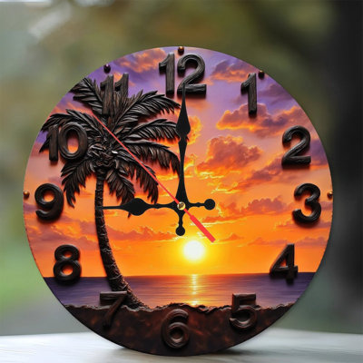 Sunset Palm Tree Beach Ocean Wall Clock