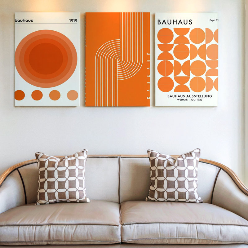 Art mural abstrait géométrique de 3 pièces avec de grands motifs orange audacieux, art mural trois pièces pour le salon, la chambre à coucher, le bureau et la maison