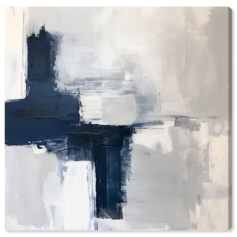 Tides of Indigo Blue and White Abstract Canvas Art with Wooden Frame