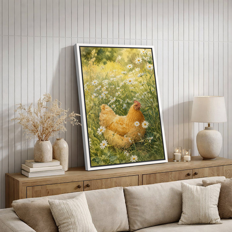 «Golden Hen in Sunlit Daisy Meadow», art de cuisine, impression sur toile encadrée, H 24 po x l 16 po x P 1,5 po, Cadre blanc