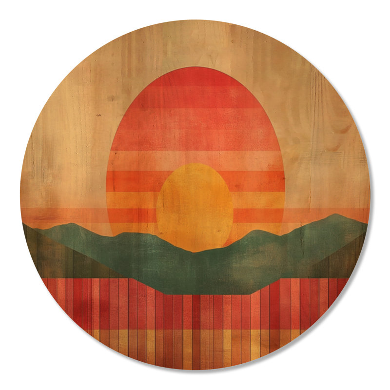 Coucher de soleil rayé des années 70 I - art mural en bois rétro, Rond 36 po, Rond