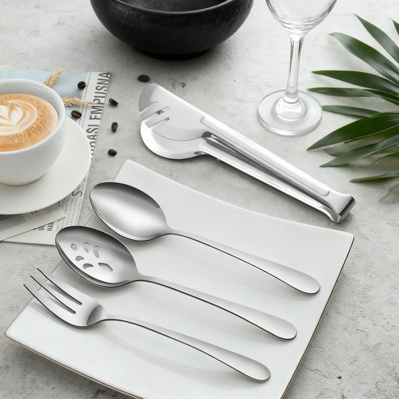 Ensemble d'ustensiles de service 16 pièces en acier inoxydable avec cuillères de service, cuillères à fentes, fourchettes et pinces pour le buffet, la fête et le banquet