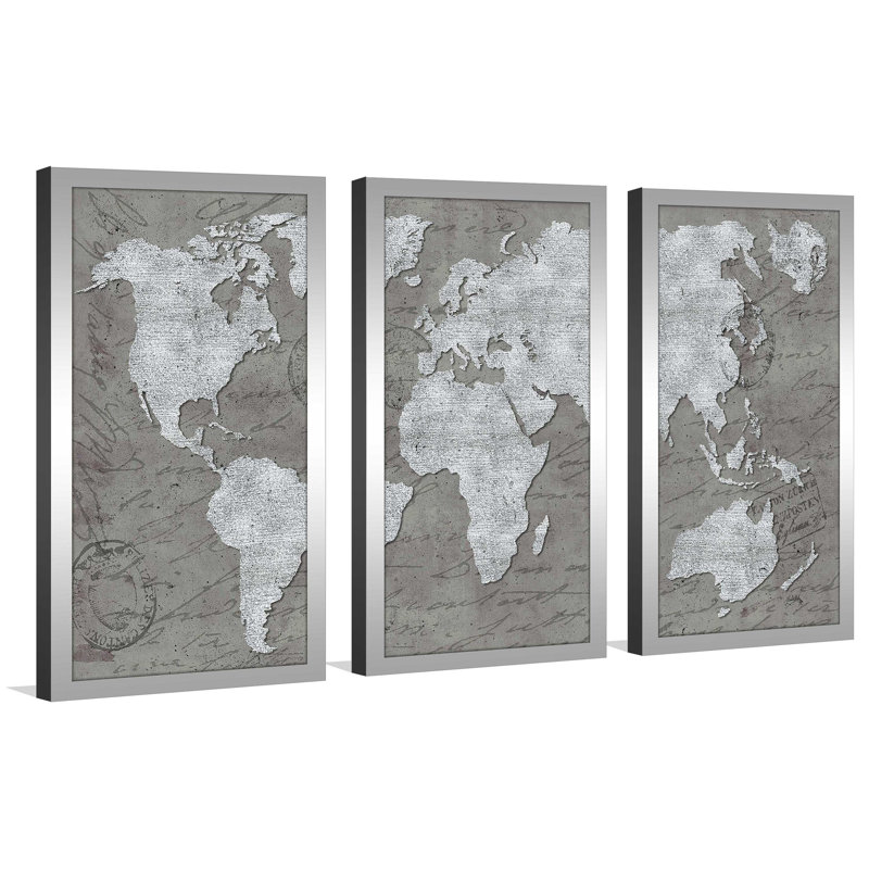 «World Map On Script», reproduction sur acrylique 3 pièces, H 25,5 po x l 40,5 po x P 1 po