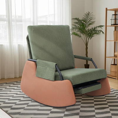 Fauteuil inclinable à bascule en velours côtelé rembourré - Dossier haut et repose-pieds réglables - Structure robuste en acier, poche latérale - Fauteuil d'appoint confortable pour chambre, salon ou chambre d'enfant, capacité de 150 kg - Vert