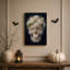 Art mural sur toile, crâne floral blanc avec feuilles vertes sur bleu foncé Halloween-1429488668