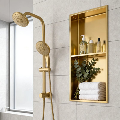 Niche de douche encastrée en acier inoxydable doré 13 po x 25 po avec double tablette – Rangement mural pour salle de bain, cuisine et VR