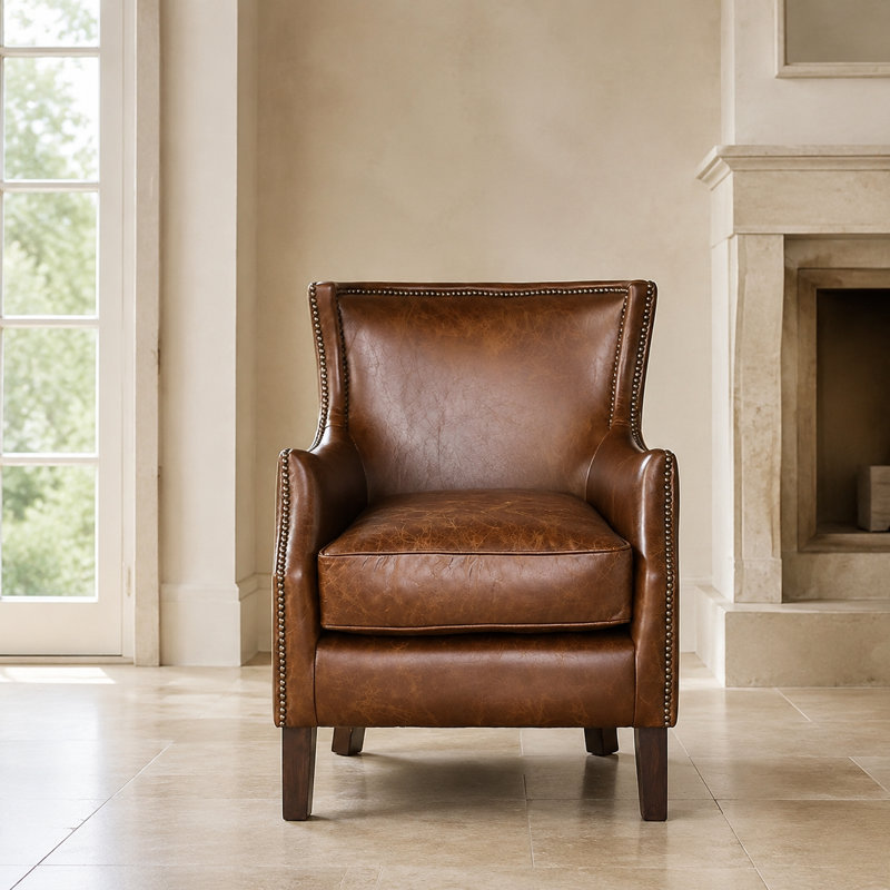 Fauteuil simple rembourré avec structure robuste et durable, revêtement en cuir naturel doux de qualité supérieure pour le salon, le bureau personnel, les coins lecture, le design traditionnel classique pour compléter la plupart des décors et des aménagements intérieurs