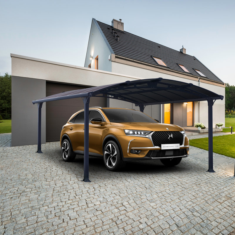 Palram - Canopia Arcadia 12' W x 14' D Polycarbonate Galvanized Steel Weather-Protected Carport Canopy for Cars Trucks Gray