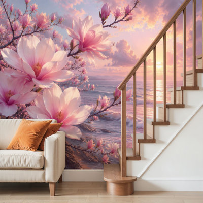Papier peint adhésif pelez et collez, fleurs de magnolia rose, océan serein, coucher de soleil, ciel pastel doux, auto-adhésif et amovible