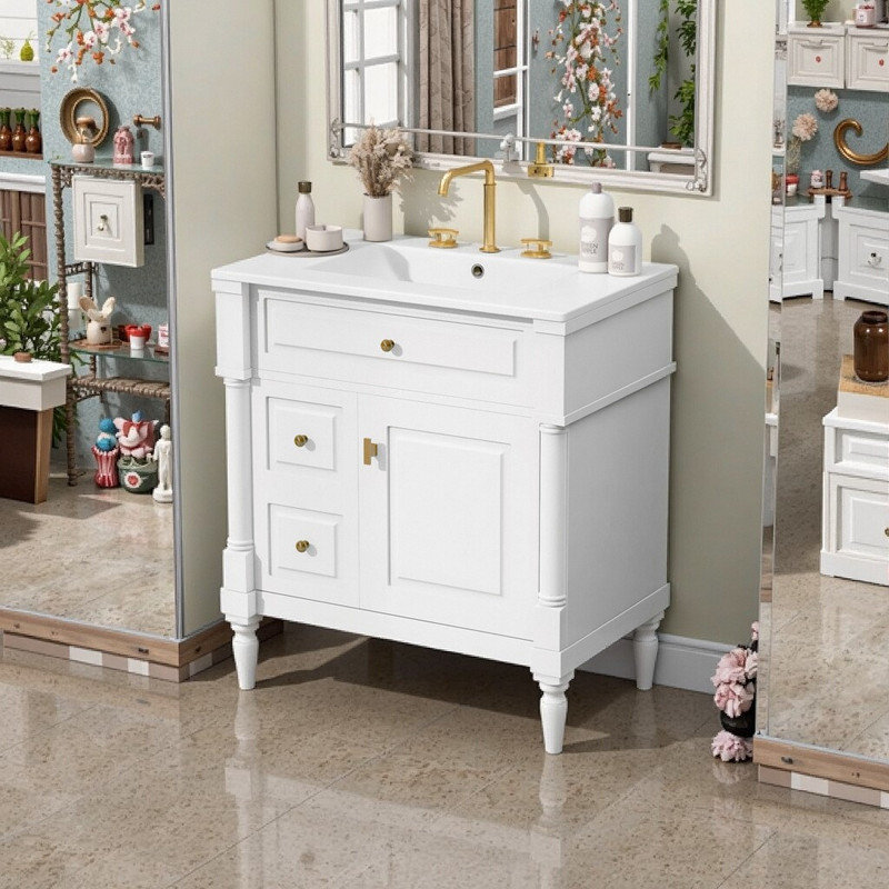 Meuble-lavabo autoportant de 30 po avec cadre en bois d'hévéa massif et tiroir rabattable en céramique, Blanc