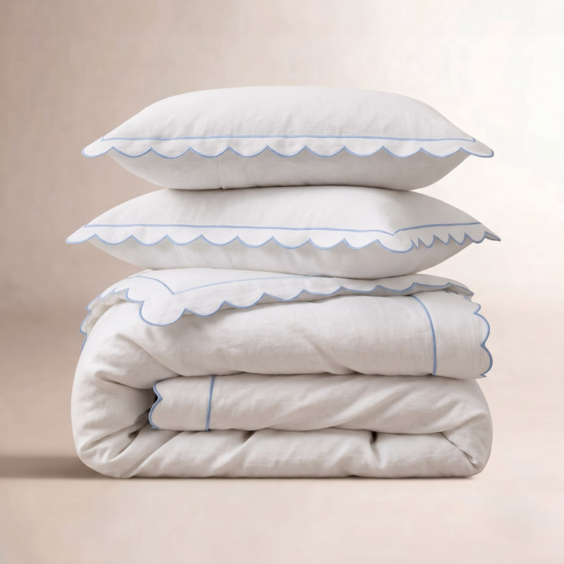 SCALLOP FRAME PERCALE DUVET SET, Blue, Queen Duvet Cover + 2 Standard Shams