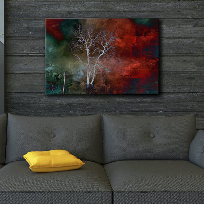 Moody Gothic " Lone Tree Over A Red And Teal Watercolor Paint Art Home Decor "