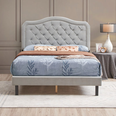 Bed Button Tufted With Curve Design - Strong Slat Support - Easy Assembly - - Platform Bed
