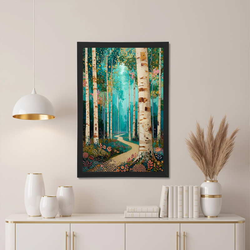 Tableau sur toile représentant des bouleaux le long d'un sentier sinueux dans une forêt turquoise, H 30 po x l 20 po