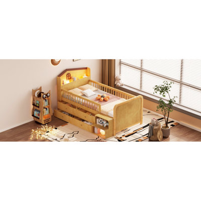 Lit mezzanine bas avec lumières DEL, lit mezzanine en bois avec tête de lit en forme de maison, lit mezzanine pour enfants avec tiroirs de rangement