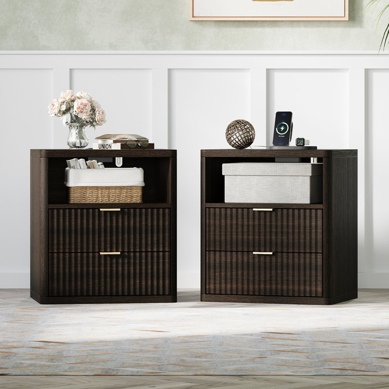 Valerica 2-Drawer Fluted Nightsatnd with Charging Station, Walnut