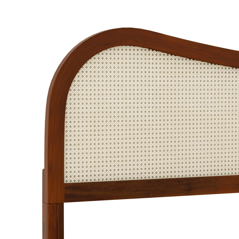Très grand lit plateforme en bois massif de style Mid-Century Boho, tête de lit courbée en rotin, finition noyer, King