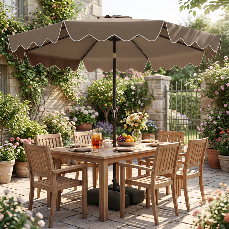 Parasol de patio 9 pi avec base lestée, sacs de sable, bouton poussoir, manivelle, nervures robustes, brun, Brown