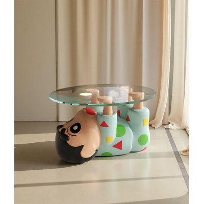 Cartoon Cute Resin Coffee Table, Crayon Shin-chan Character Base Round Tempered Glass Tea Table