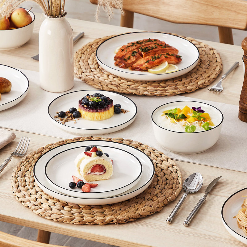 12-Piece Ceramic Dinnerware Set, White/Black