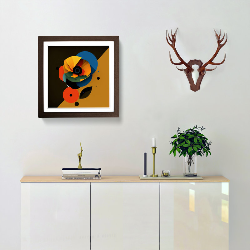 Poppy Flower Suprematism No.2 - Single Picture Frame Print on Wood, Walnut