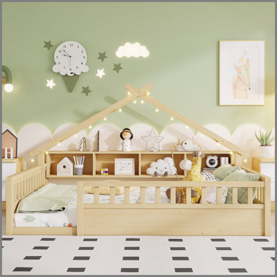 Lit double sur pied avec lumière, lit sur pied en bois avec tablettes de rangement, lit sur pied avec toit pour enfants, naturel
