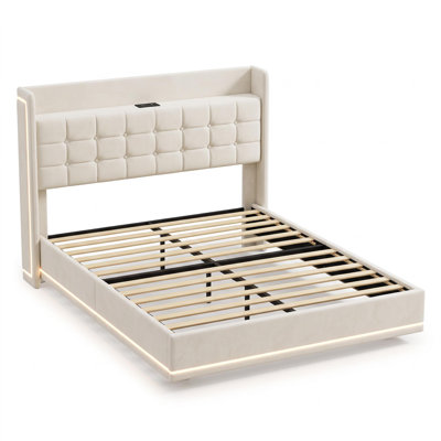 Lit flottant avec rangement à rayures verticales à DEL avec tissu moelleux et beige fer, style F