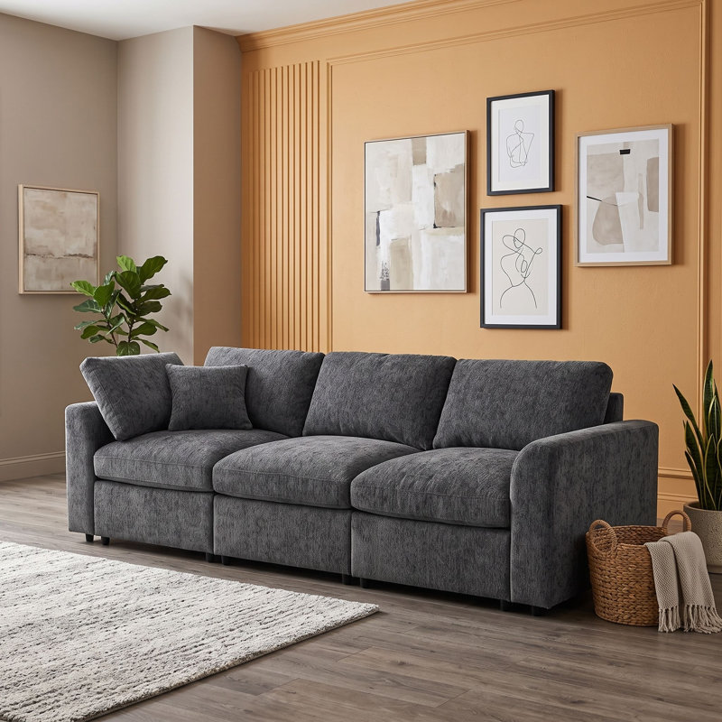 Canapé moderne en chenille 3 places rembourré avec coussins, Gris