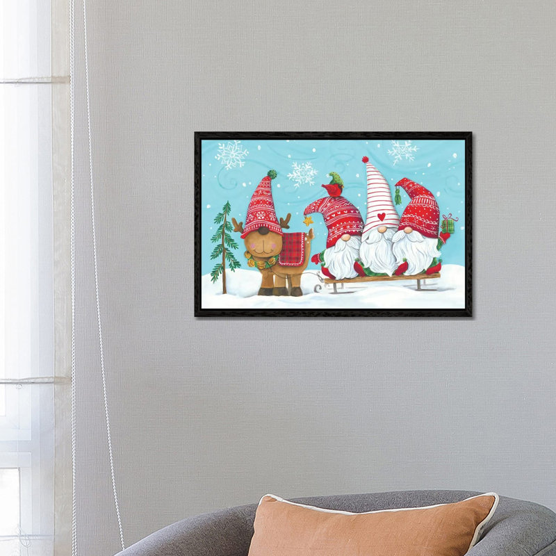 Elf Gnome Trio With Reindeer by Diane Kater - Print on Canvas, 66.04 cm H x 45.72 cm W, Black Framed